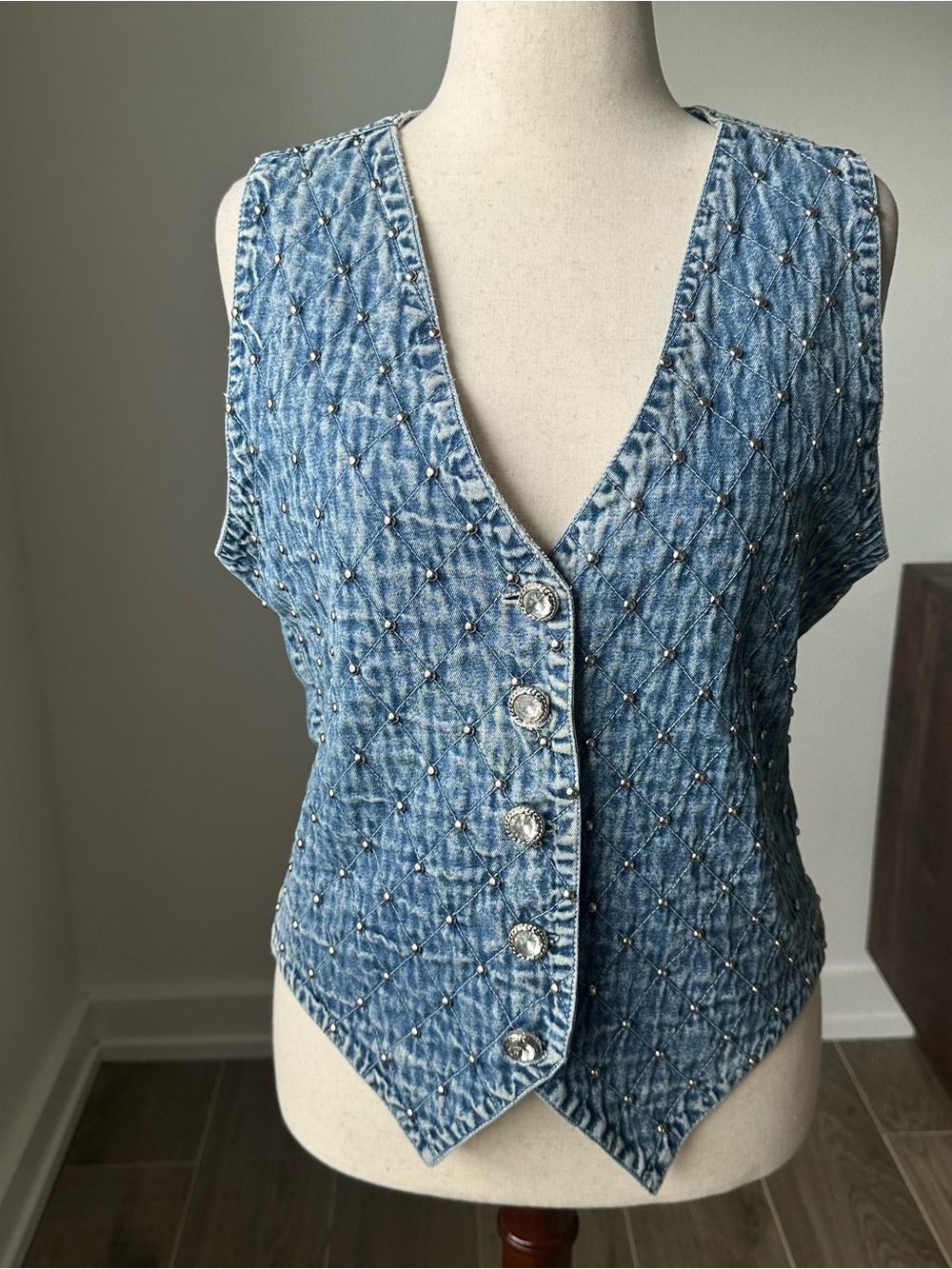 Vintage Beaded Denim Vest - Blue
